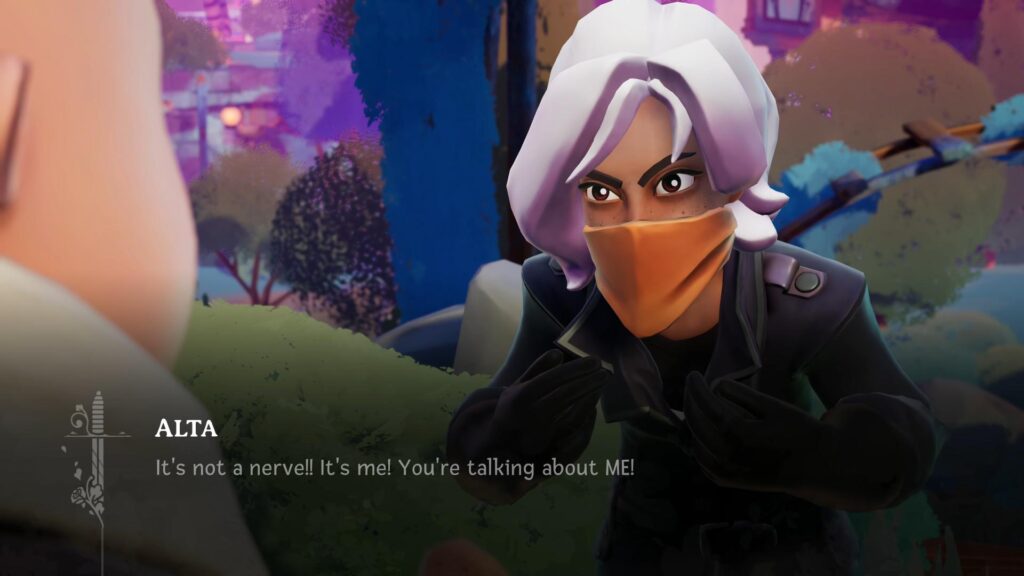 Wanderstop screenshot - Alta faces Boro who is to the left of the camera frame. Her back is arched and her curled palms are raised indignantly to her chest. "It's not a nerve!! It's me! You're talking about ME!"