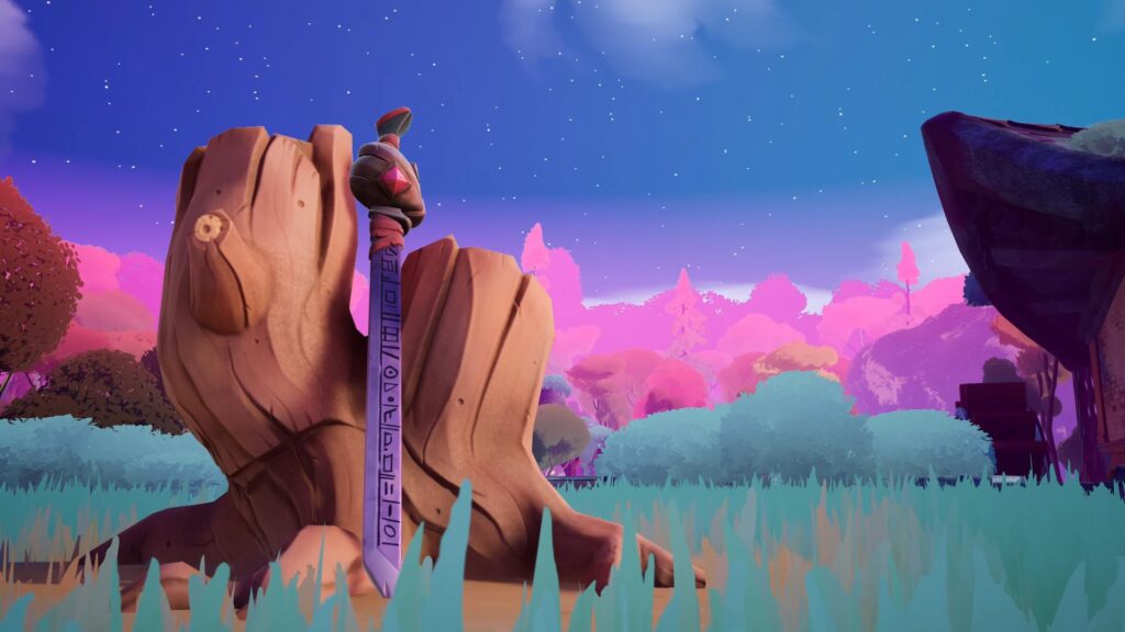 Another screenshot from Wanderstop. The sword leans in the crook of a forked tree stump, it's tip in the brown earth at its' base. The stump is in the middle of a green grassy area with more green bushes at the edges. More magenta trees sit in the distance against a clear blue sky.